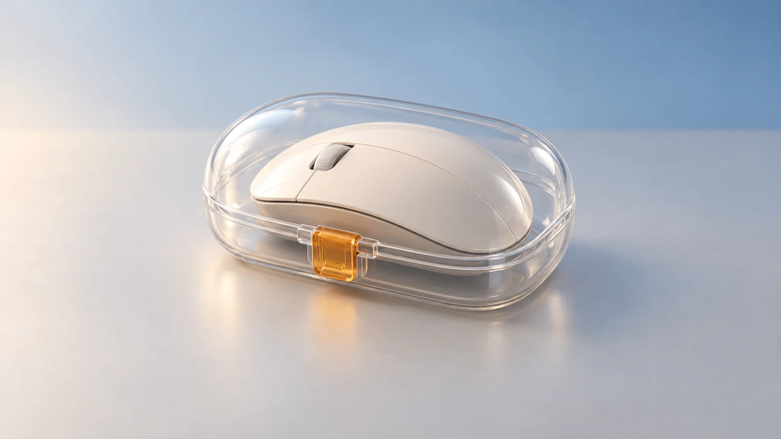 Computer mouse inside a transparent latched case, representing permission to control a computer remotely.