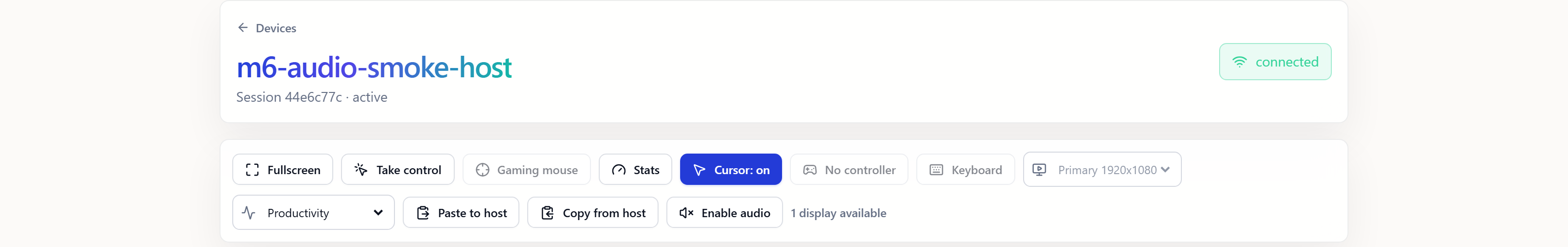 The toolbar of a real Axiom browser session, with fullscreen, take control, gaming mouse, stats, cursor, controller status, keyboard, display selection, stream profile, clipboard, and audio controls.